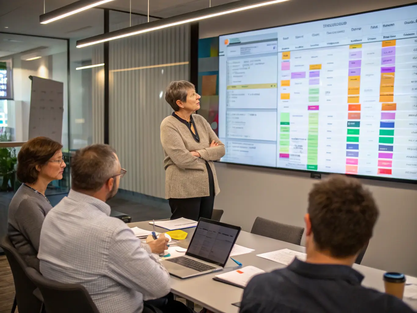 A project manager is overseeing a digital product development process, using project management software and collaborating with a team. The image should convey organization, efficiency, and innovation.