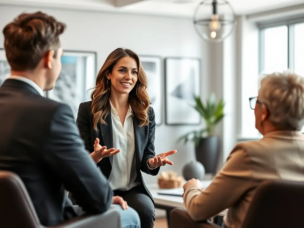 A professional woman is conducting a digital strategy consulting session with a client in a modern office setting. The image should convey trust, expertise, and collaboration.