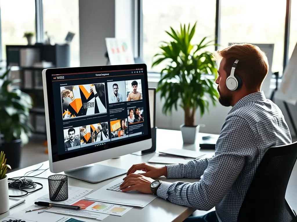 A designer is working on a website layout on a large monitor, showcasing a clean and modern design. The image should emphasize creativity, user-friendliness, and visual appeal.
